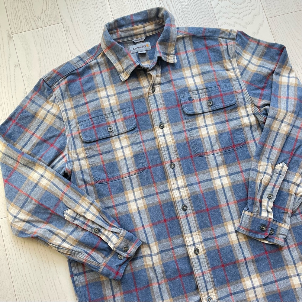 Vintage 90s Y2K Carhartt Heavyweight 100% Cotton Blue Cream Plaid Flannel Shirt